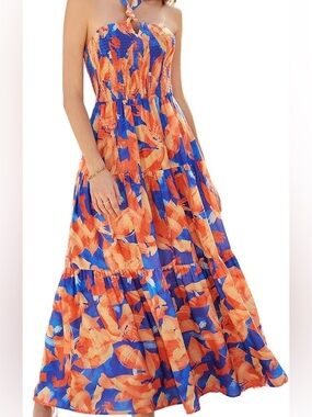 GRACE KARIN Floral Halter Maxi Dress – Smocked Backless Flow Dress